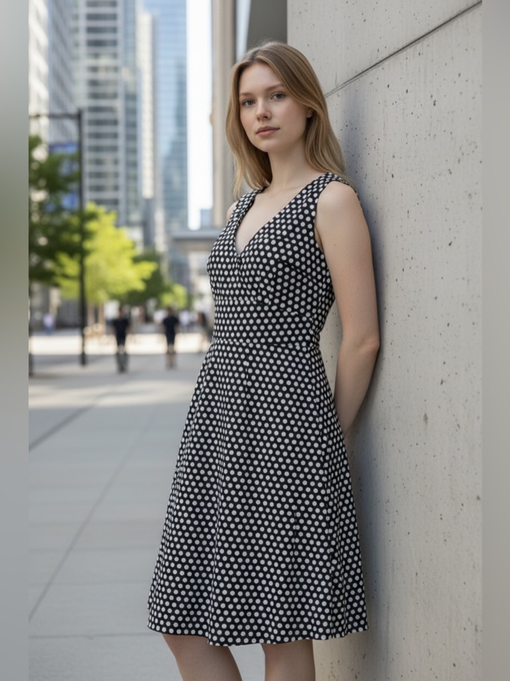 Spence Women's Sz 6 Black & White Polka Dot Sleeveless A-
Line Dress Side Zip